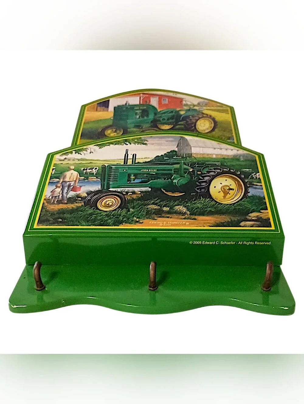 Vtg John Deere Tractor Mail Holder Key Rack Metal 3 Hooks Farmhouse Wall Decor